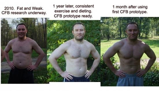 发明者Eric Grove本人使用CFB后的减肥效果。据它的试验显示，一个体型健壮的男人在穿着Cool Fat Burner背心的2小时内，身体燃烧了500卡路里的脂肪。