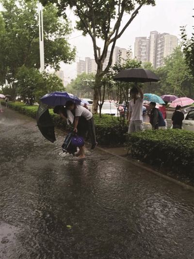 女老师背学生过马路。