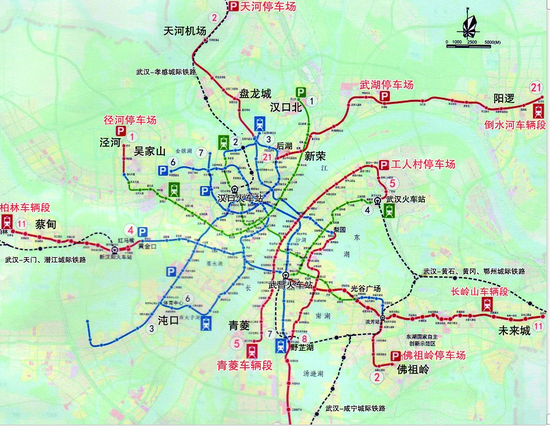 紅色為新批規(guī)劃的地鐵線(xiàn)路，藍(lán)色為已批在建的線(xiàn)路，綠色為建成營(yíng)運(yùn)的線(xiàn)路