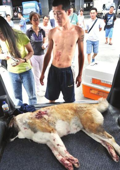 爱犬被击毙,王冰(赤膊男子)很伤心。