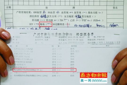 2014年12月,王梦的产检记录梅毒标注为(-)(未见异常),而在检验报告单中该项为阳性(+)。 南都记者 黎湛均 摄
