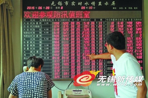 从周六晚至周日,工作人员连续40小时坚守在防汛指挥部,密切关注雨情及水位变化,及时做出调度措施。自26日开始的强降雨导致我市内河水位快速上涨,大运河水位继6月17日之后再次突破5米,为历史第二高水位。我市城市防洪枢纽工程及北塘联圩闸站迅速开机排涝,28日早晨,水位回落至5米以下,主城区骨干河道水位目前处于安全可控状态。 (卢易 摄)