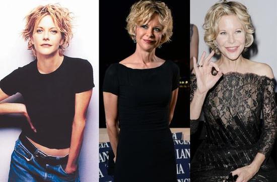 左起：早年的梅格瑞恩，前些年的她，近日现身时装周的她