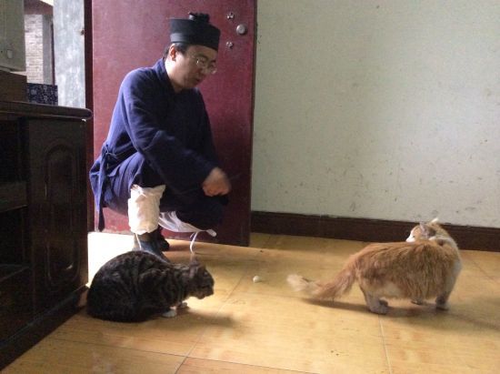 老梁爱猫,中午喂猫吃馒头。道观里的猫只能跟道士们一起吃素。