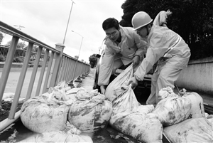 7月12日,宁波中山西路,阮少云(右)和同事一起将沙袋填到正在冒水的电缆井上