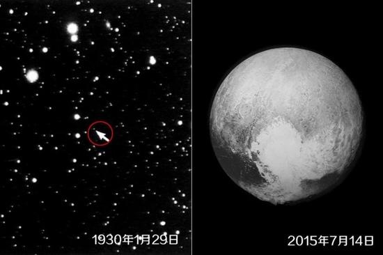 1930年冥王星刚刚被发现时的照片，和2015年美国新视野号探测器飞过冥王星时拍摄照片的对比