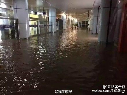金华义乌遭遇强降雨 义乌机场新候机楼大厅被