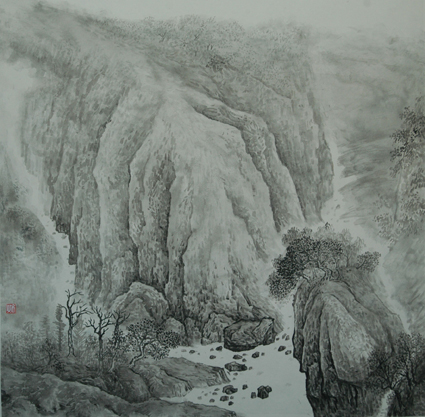 孙秋子《两岸山色可忘机》 90×90cm