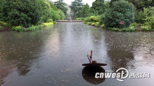 半坡博物館在強降雨之后成為一片澤國。