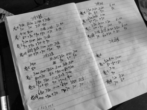 赵颜在本子上记录孩子每天的喂奶时间和量。