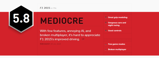 《F1 2015》PS4版获IGN中评