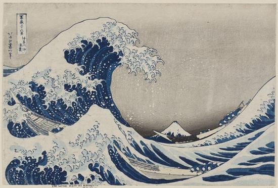 《神奈川冲浪里》(Kanagawa-oki nami-ura),又名《巨浪》,出自《富岳三十六景》系列
(Fugaku sanjûrokkei) 艺术家:葛饰北斋(日本, 1760–1849) 年份:约1830-31年(Tenpô 1–2) 类别:浮世绘; 纸本彩墨 * William Sturgis Bigelow Collection* 图片:© Museum of Fine Arts, Boston