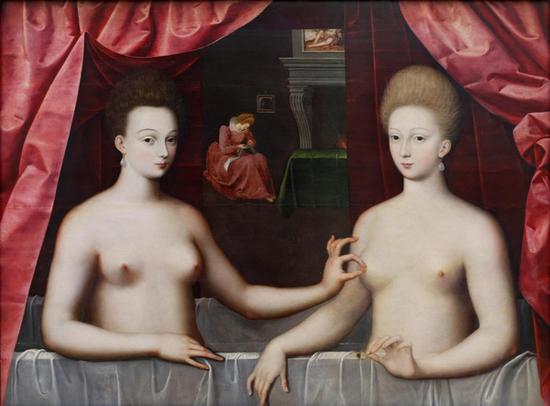 Portrait présumé de Gabrielle d’Entrées et de sa sœur la duchesse de Villars , 1594 年左右,96X125 cm , 油画,卢浮宫,巴黎