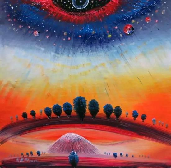 油画《半夜梦境绘天书》70×69cm