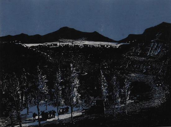 13.石鲁《公路之夜》套色木刻版画25x33cm