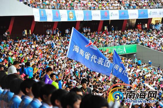 全国民运会闭幕式上,海南代表团挥舞着旗帜。(南海网特派记者苏桂除摄)