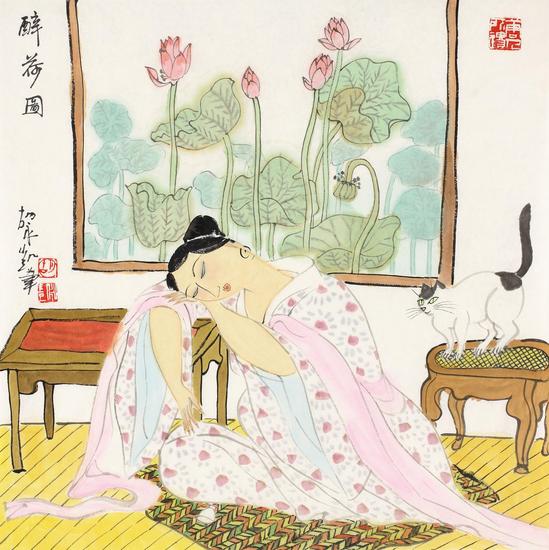 胡永凯  醉荷图  68cm×68cm