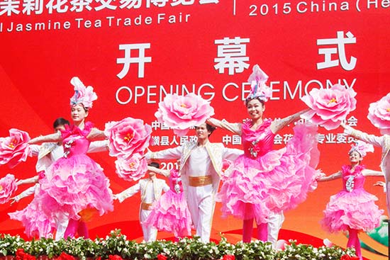 第九届全国茉莉花茶交易博览会、2015年中国(横县)茉莉花文化节隆重开幕。图为开幕式歌舞表演