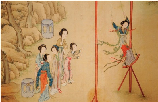 无款《古代仕女行乐图》卷（局部）　清 绢本设色 国立南京图书馆藏