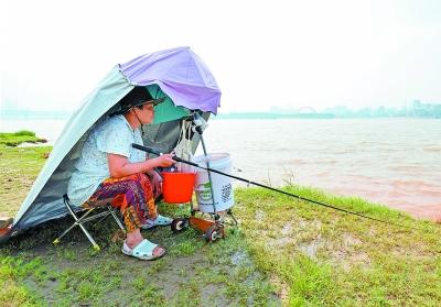 武昌江边一60多岁太婆躲防晒帐篷里 用海竿钓