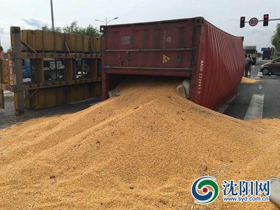 十字路口集装箱货车发生侧翻 数十吨玉米散落一地