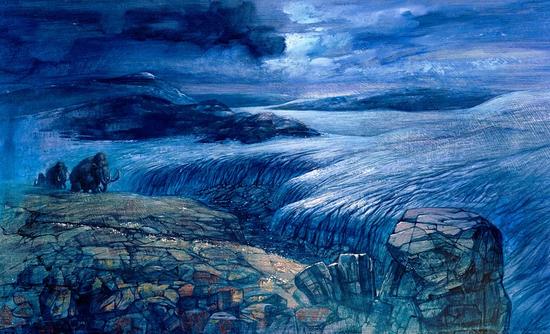 长毛猛犸象置身于更新世冰川的景象。