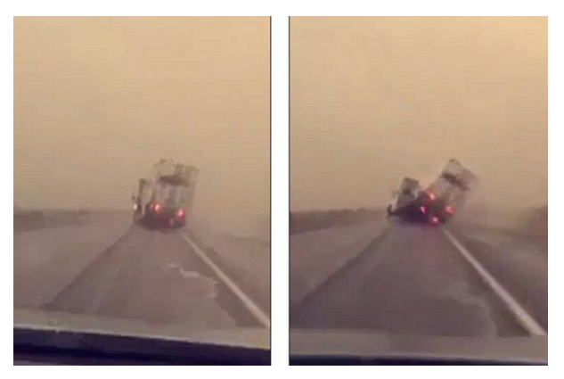 特大沙尘风暴袭美国 公路行驶卡车被吹倒
