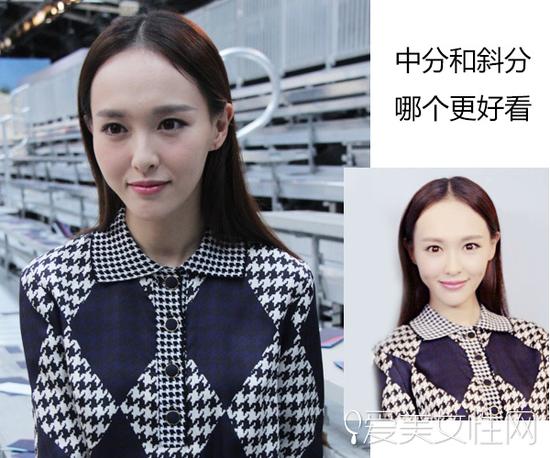 唐嫣中分造型同样两边头发塞耳后,让脸型显显瘦.