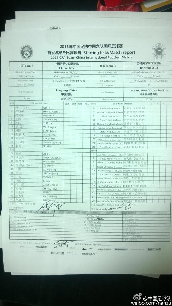 中国国奥VS巴林国奥首发