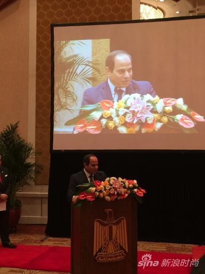 埃及总统塞西发表讲话。新浪国际韩子轩摄
