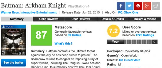 蝙蝠侠：阿卡姆骑士评分