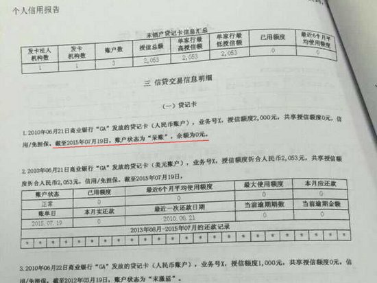 刘女士个人征信显示,一张信用卡截止2015年7月为呆账状态,余额为0。