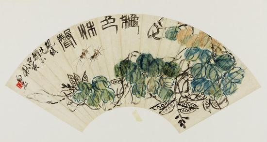 齐白石 《秋色秋声》  1926 纸本镜心  尺寸：19.5×54cm  出版：《齐白石花鸟扇面》P4，天津人民美术出版社，1998年。  胡适《题辞》  纸本镜心  尺寸：19×12cm