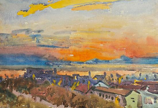朝霞里的湘江25.8×38CM 水彩 1973年