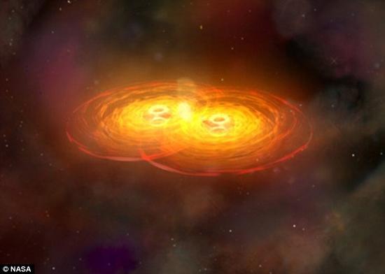 双黑洞互相环绕运行的时速在4700万英里(约合7564万公里)以上。它们这种“缠绕运动”会在时空曲率中以波的形式传播出扰动，即引力波。超重双黑洞是目前宇宙中最强的引力波源，上图为艺术家笔下黑洞的合并情景。