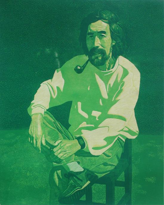 王华祥  绿色背景_Green_background_彩色木刻_Color_wood_-_block_print__69x58cm_1990