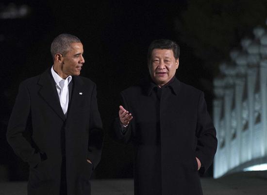 2014年11月11日晚,国家主席习近平在中南海瀛台同美国总统奥巴马会谈