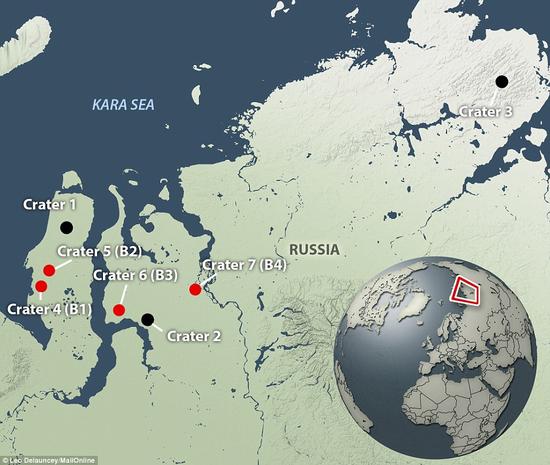 该图显示了目前为止在西伯利亚亚马尔地区发现的巨坑位置。其中一个巨坑名为B1，深度近200英尺(约合70米)。另外一个巨坑名为B2，位于距B1约13英里(约合21公里)处，已经形成了一个湖泊。