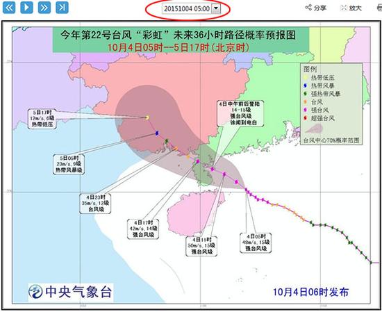 五点，预测登陆广东，对海南影响减小，仅文昌会收到十级以上大风影响。(截图来自中央气象台网站)