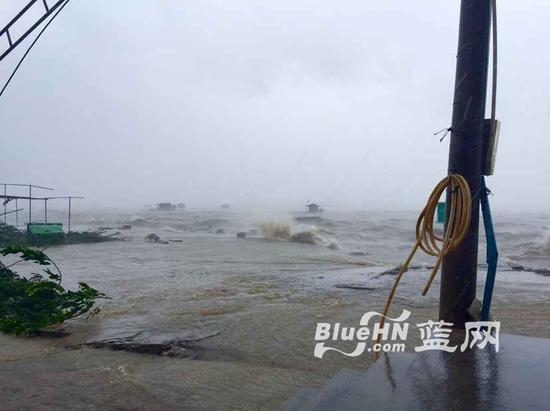 铺前港区域的海水涌上低洼地带(蓝网记者 陈锐摄)