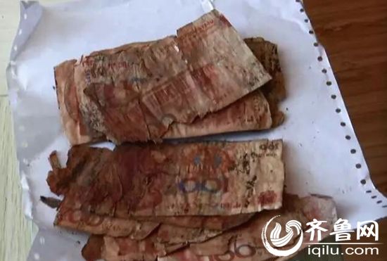 有的殘缺不全,有的只剩一半,還有的好幾張黏在一起,形成了一個人民幣做的圓餅