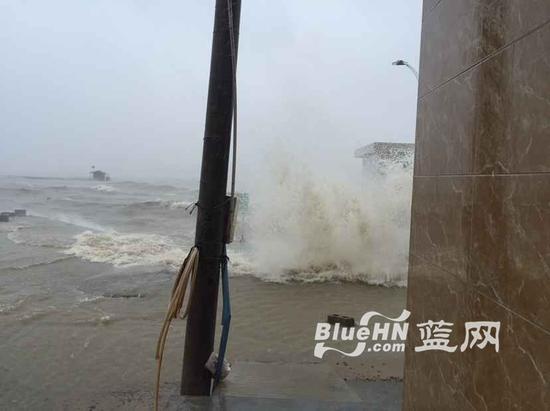 铺前港区域的海水涌上低洼地带(蓝网记者 陈锐摄)