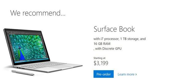 1499美元:微软Surface Book预订:1499美元起售 无1TB版 1TB版暂不接受预订
