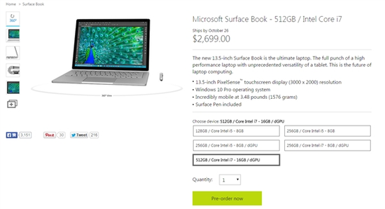 1499美元:微软Surface Book预订:1499美元起售 无1TB版 512GB版本为2699美元