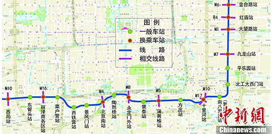 北京9日公布了地铁14号线中段站名，命名突出历史文化特色，尽可能选择指位性强的大地名。图为14号线站名示意图。北京市规划委