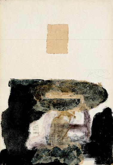 顾黎明《山水》78.5x55cm ，1990年，卡纸上色粉笔、油彩、及宣纸拼贴等