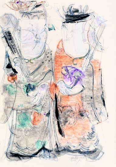 顾黎明《文武状元》75x46.5cm ，2015年，卡纸上色粉笔、水彩、铅笔及蜡纸拼贴等