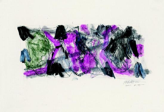顾黎明《山水赋之十四》75x52cm  ，2015年，卡纸上色粉笔、水彩、铅笔及蜡纸拼贴等