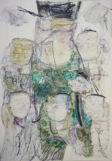 顾黎明《五子灯》之二75x52cm  ，2015年，卡纸上色粉笔、水彩、铅笔及蜡纸拼贴等