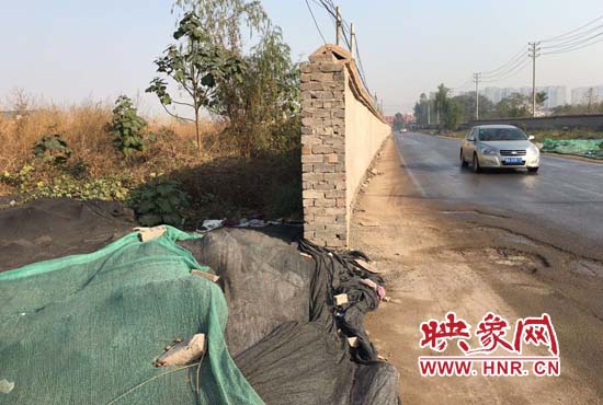 一墙之隔,一边是道路,一边是垃圾和荒草,市民质疑其为遮羞墙。
